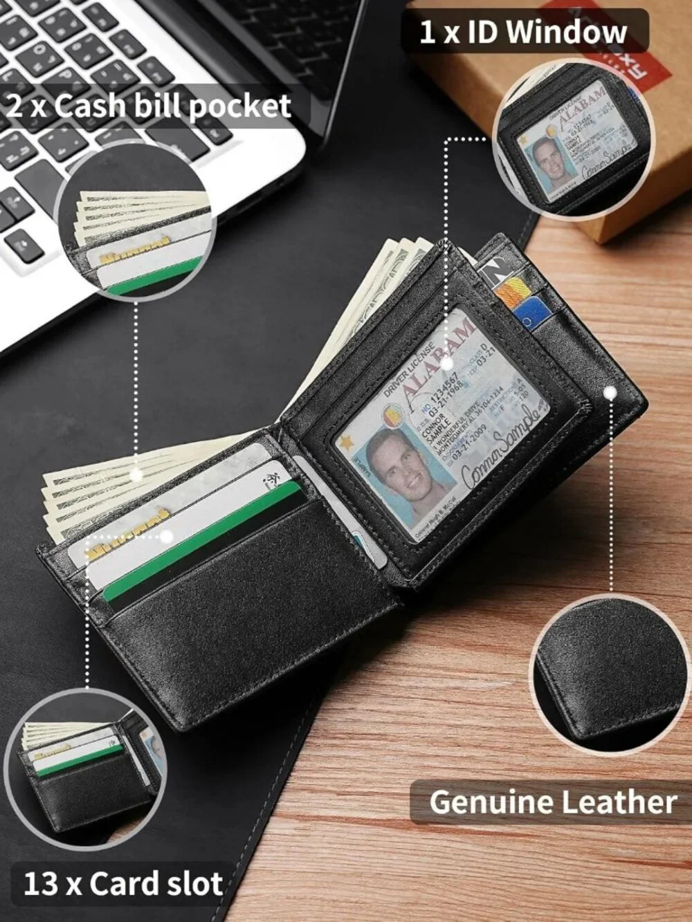 Genuine Leather Bifold Wallet for Men | RFID Blocking, 1 ID Window, 13 Card